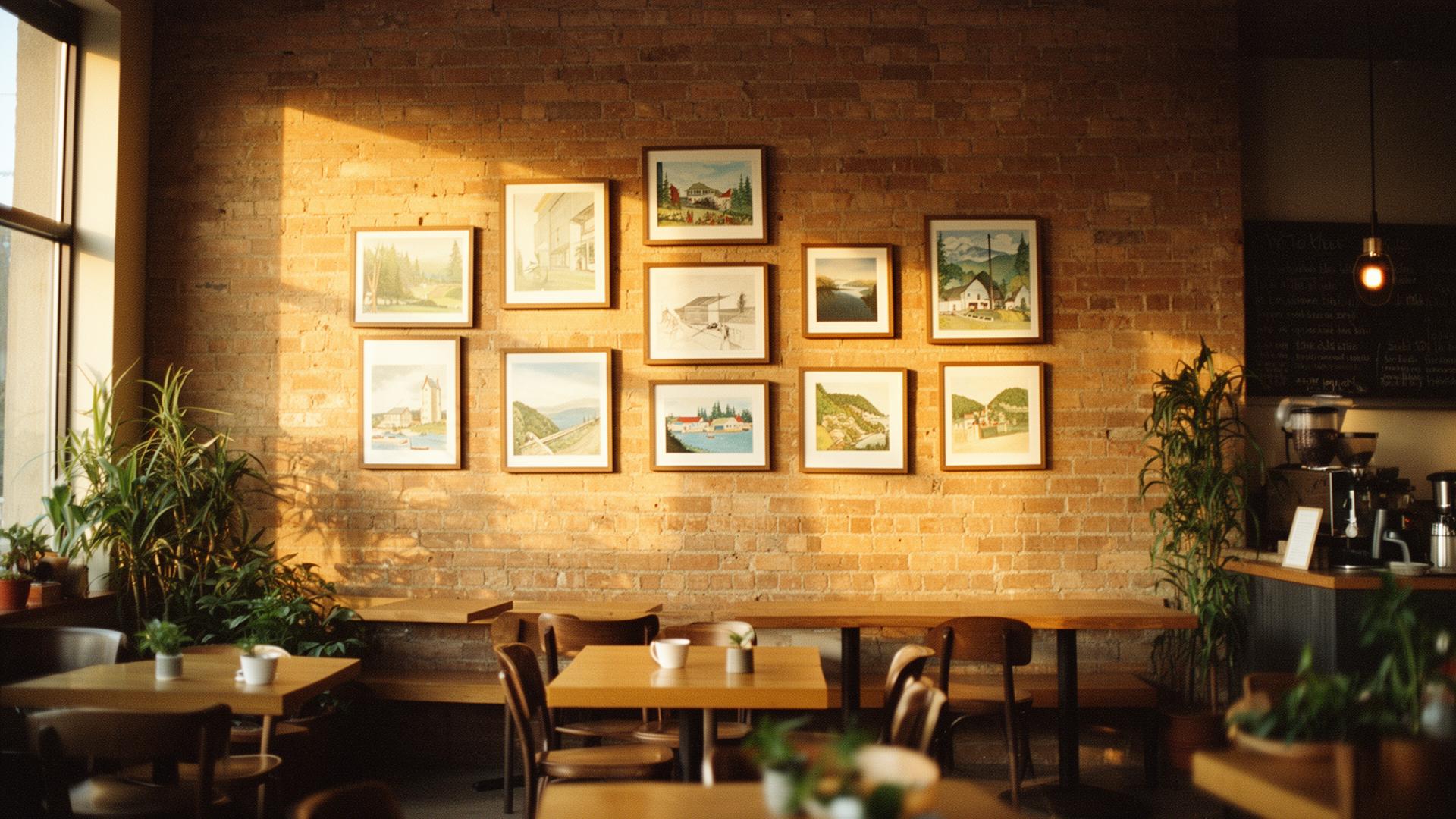 Calgary café featuring local artists' framed work on a sunlit brick wall